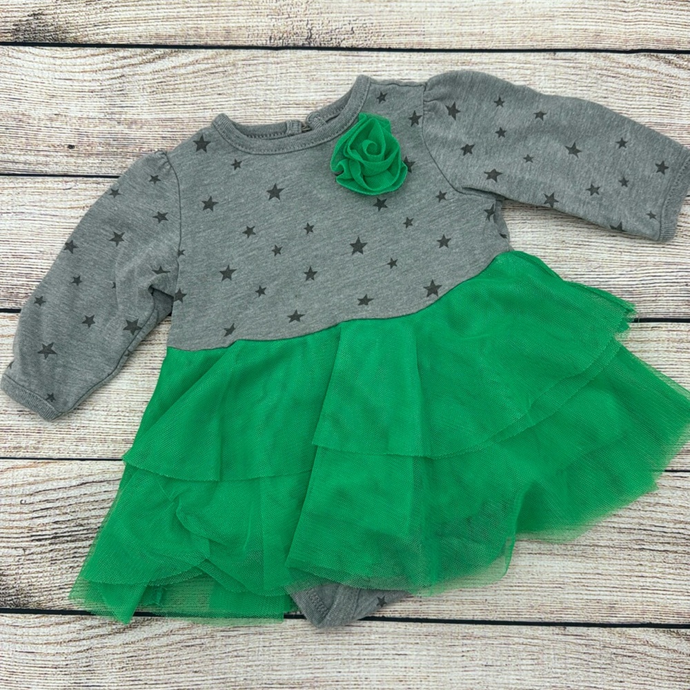 Cherokee Grey Star and Green Tulle Onesie Dress Size Newborn